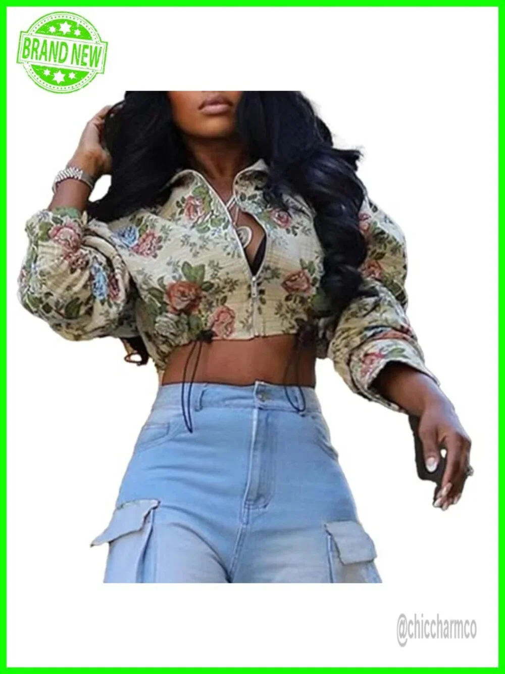 Cropped Bomber Jacket Women Floral Print Long Sleeve Zip Quilted Vintage